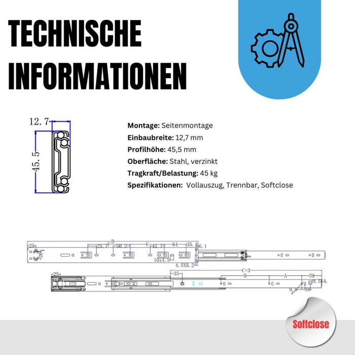 Schubladenschienen - Vollauszug | Tragkraft 45kg - Softclose