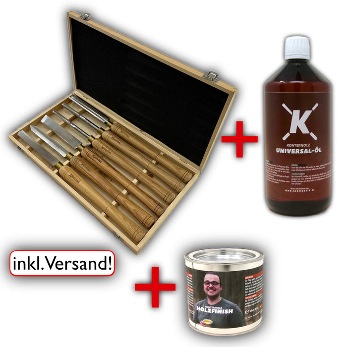 Geschenk-Set: Drechseleisen Set 6-teilig, Konterholz Finish & Universalöl